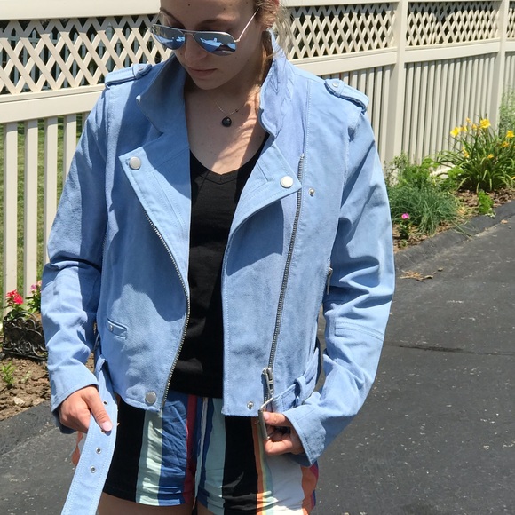 blue suede biker jacket
